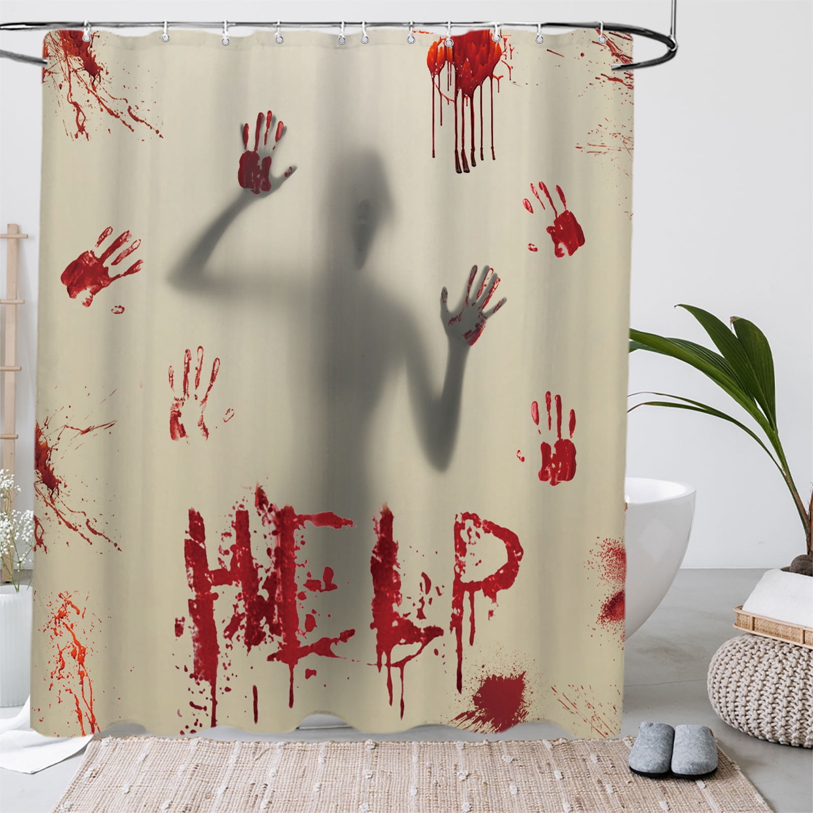 4pcs Halloween Shower Curtain Set Help Me Bloody Hands Horror Bathroom Curtain & Bathtub Decor Waterproof Fabric with 12 Hooks