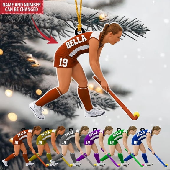 Custom Field Hockey Ornament , Personalized Name & Number Acrylic Gift for Girls , Holiday Christmas Tree Decor for Players or Teams