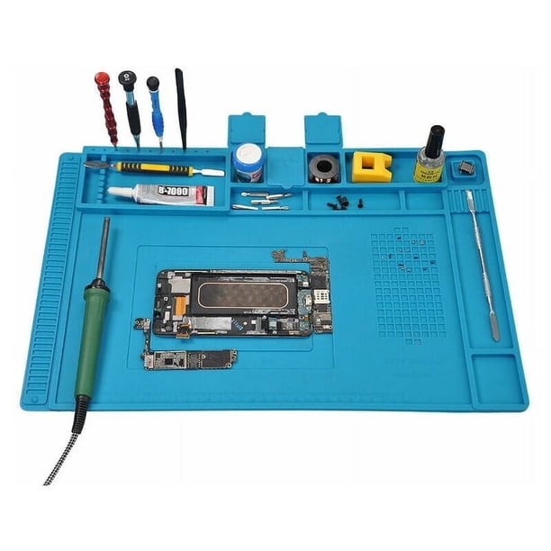 Alfombrilla de reparación flexible, almohadilla de soldadura de silicona resistente al calor para dispositivos electrónicos, incluye compartimentos magnéticos y regla de escala, material no tóxico