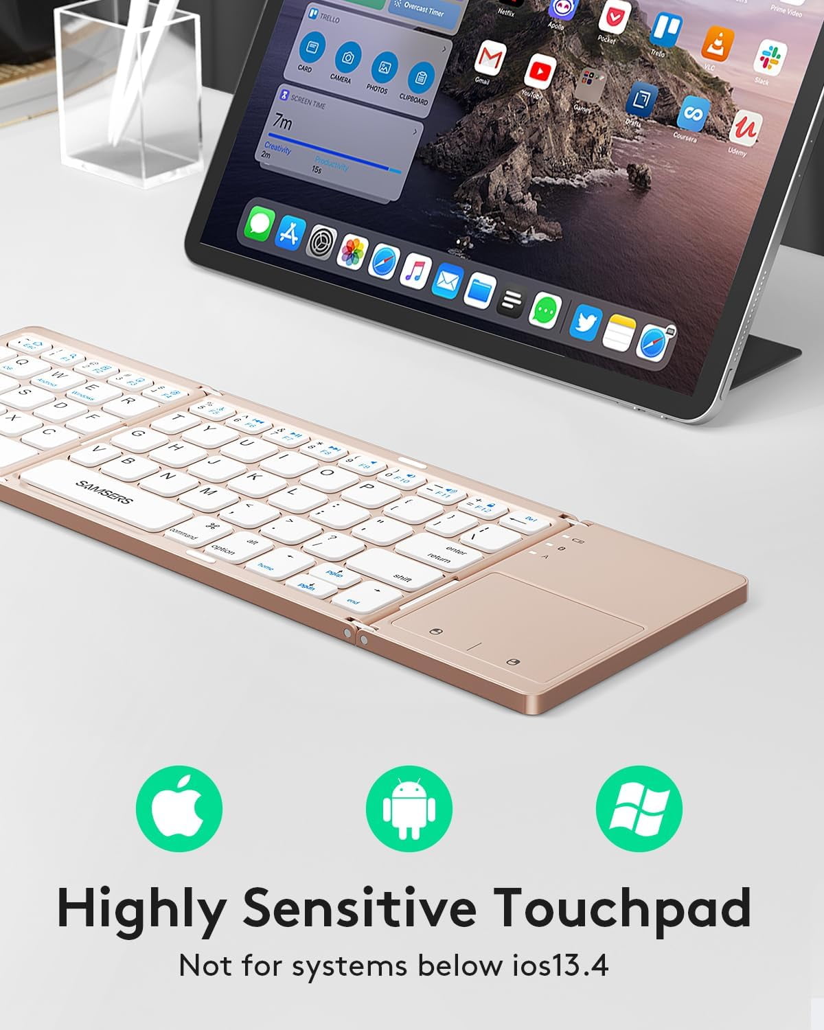Foldable Bluetooth Keyboard with Touchpad - Portable Wireless Keyboard with Holder, Rechargeable Full Size Ultra Slim Pocket Folding Keyboards for Android Windows iOS Tablet & Laptop - Black