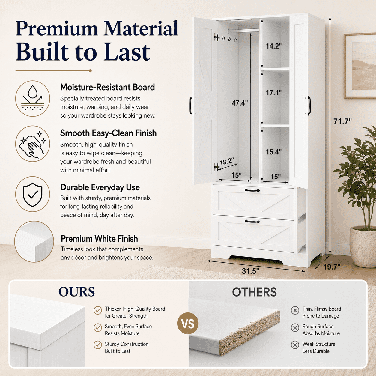 Aukfa 2-Door Wardrobe Armoire with Mirror & Built-In Induction Light, Bedroom Wood Closet with Hanging Rod & 2 Drawers,White