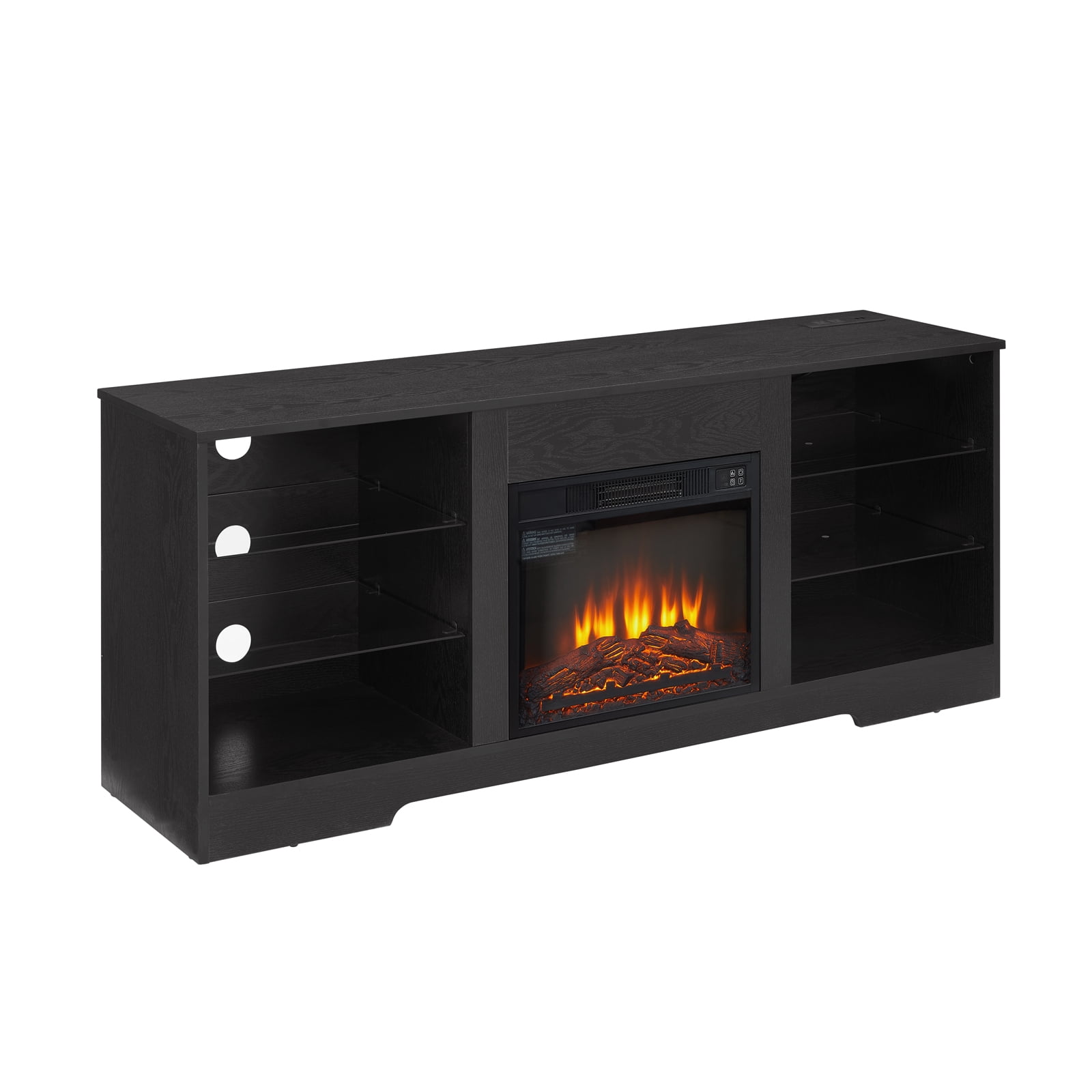 Homhougo 14000W Electric Fireplace TV Stand for 55 inch TV, Entertainment Center with 18'' Fireplace and LED Lights, 7 Flame Color Setting TV Console with Open Glass Shelf, Black
