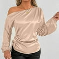 thumbnail image 2 of aidice T Shirts for Women Satin off Shoulder Long Puff Sleeve Side Drawstring Ruched Casual Shirts, 2 of 5