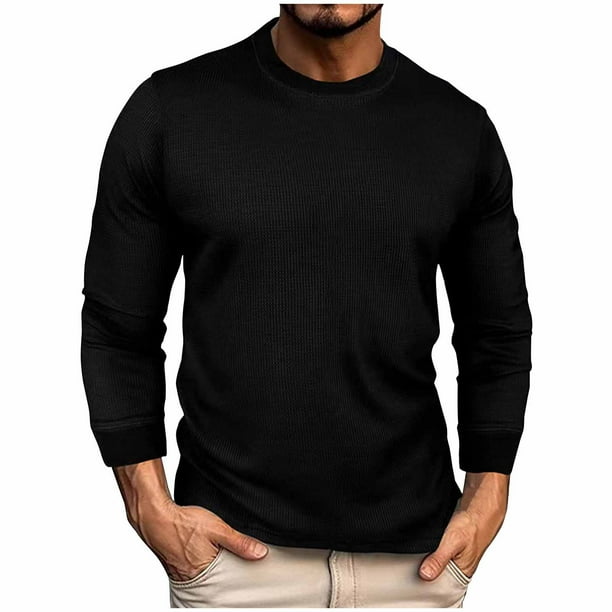 Blusas y camisas de manga larga con cuello redondo para hombre, moda de alta elasticidad, ocio, color sólido, cuello redondo, camisa de manga larga fácil, abrigo de poliéster para hombre