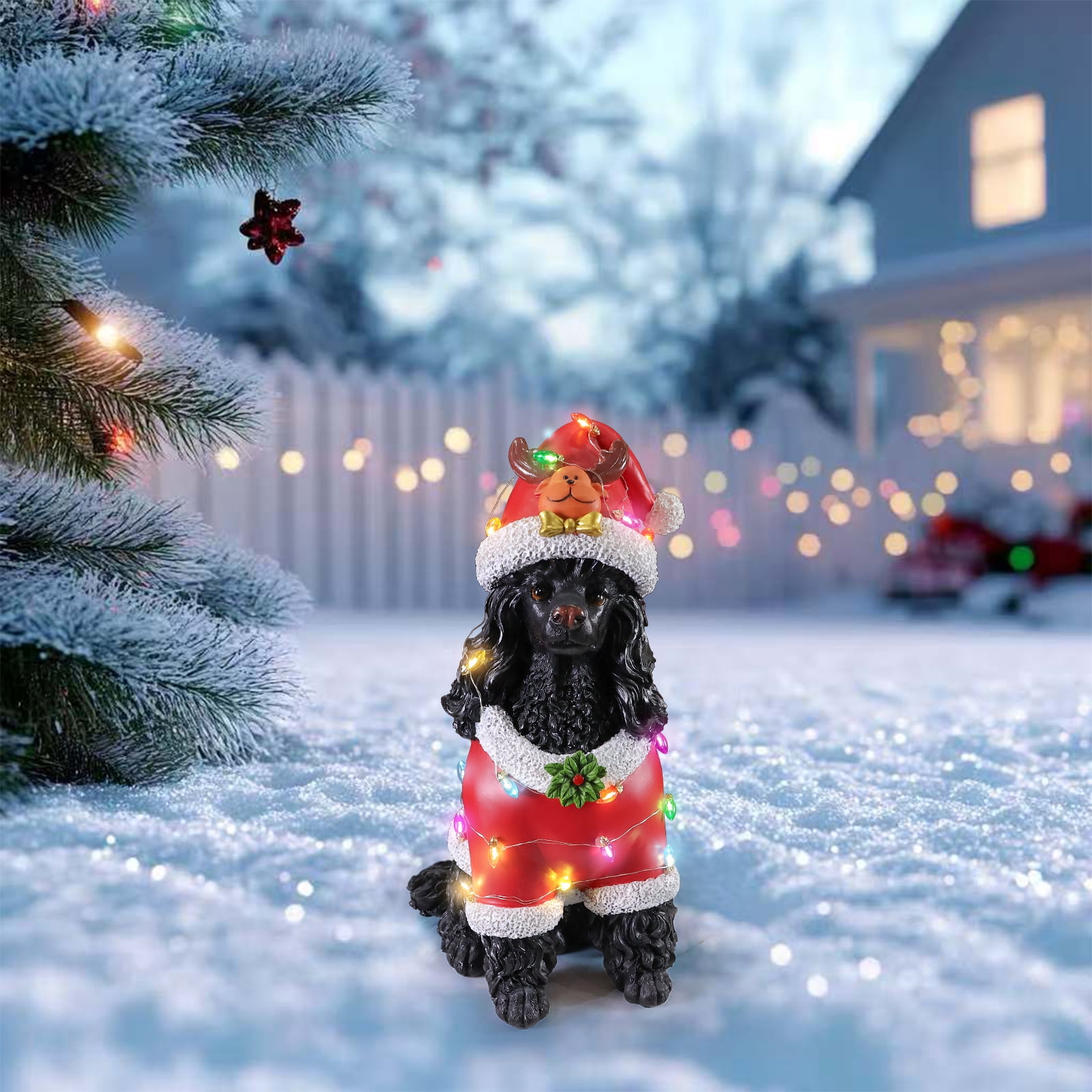 Black Poodle Red Santa Outfit Christmas Dog Statue with Reindeer Antlers Holiday Tabletop Decor