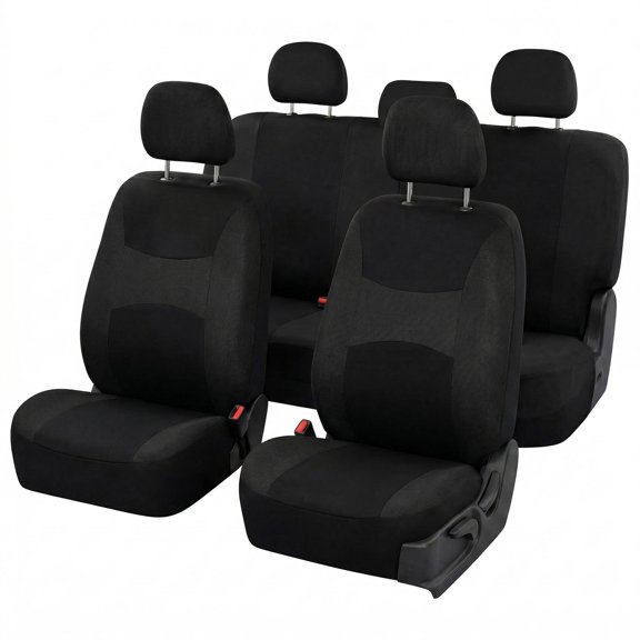 FH Group Universal Fit Cloth Car Seat Covers w/ Steering Cover & Belt Pads Full Set Black