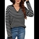 thumbnail image 3 of Suéteres de Mujer 2025, Cuello en V, Larga, Tops A Rayas, Otoño Invierno, Ropa de Punto Cómoda, Suéter Tipo Pulóver y Negro S, 3 of 9