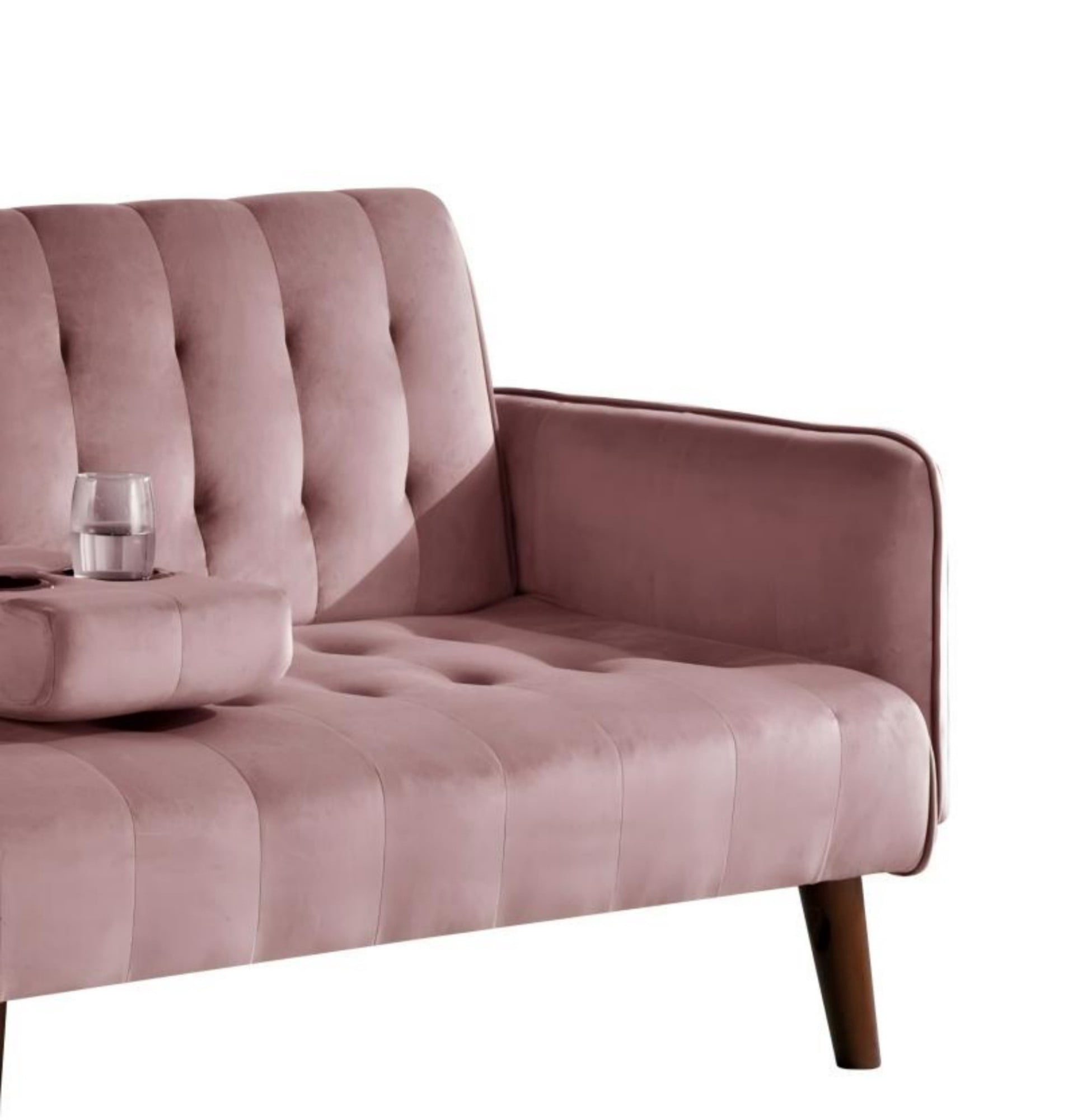 BSHTI 72" Linen Sleeper Sofa Bed with Folding Backrest,Adjustable Back, Drop-Down Table with Cup Holder for Living Room（Pink）