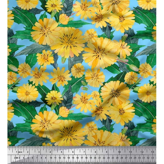 Soimoi Blue Viscose Chiffon Fabric Leaves & Aster Floral Decor Fabric Printed Yard 42 Inch Wide