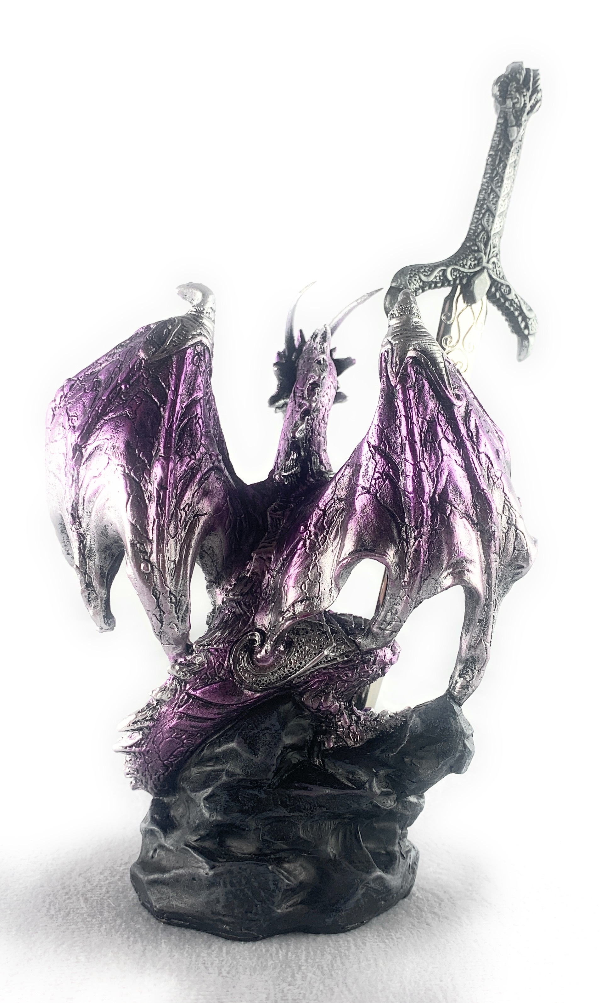 Ain’t It Nice Dragon Statue with Medieval Dragon Sword and Crystal Ball Collectible Dragon Figurine Fantasy Medieval Dragon Décor, Purple 4(L) 2(W) 7(H) inches
