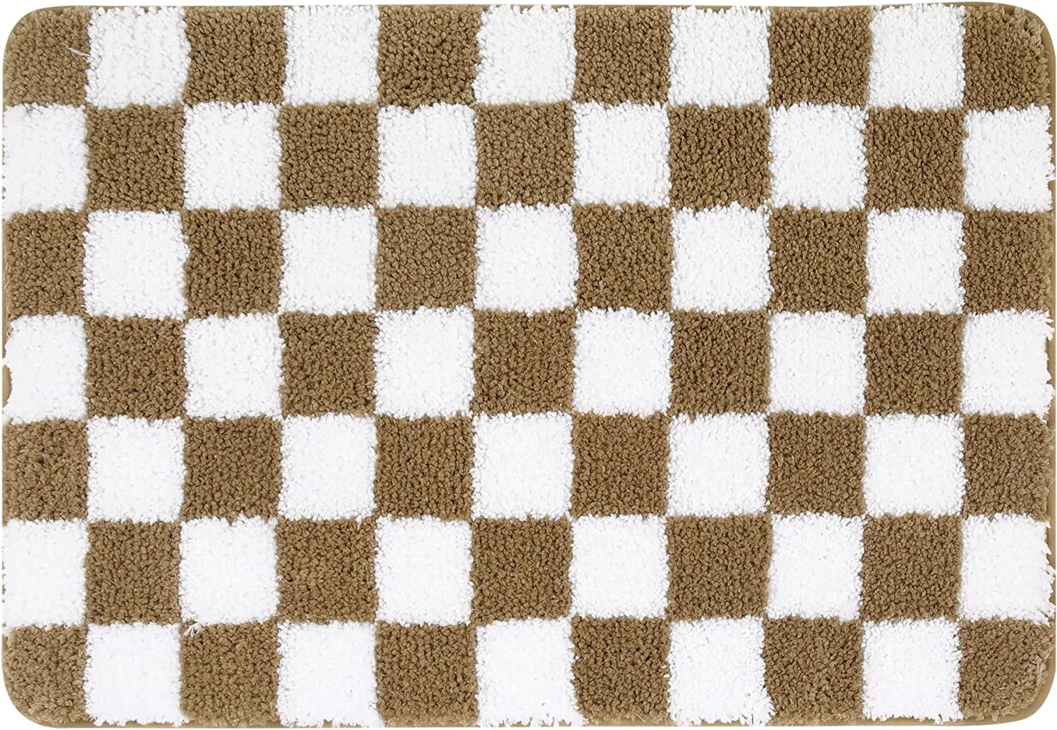 Checkered Bathroom Rugs, Khaki Non Slip Water Absorbent Bath Mat, Luxury Machine Washable Bath Rug Soft Microfiber Geometric Shag Floor Mats for Indoor Shower Bathtub Entryway, 16"x25"
