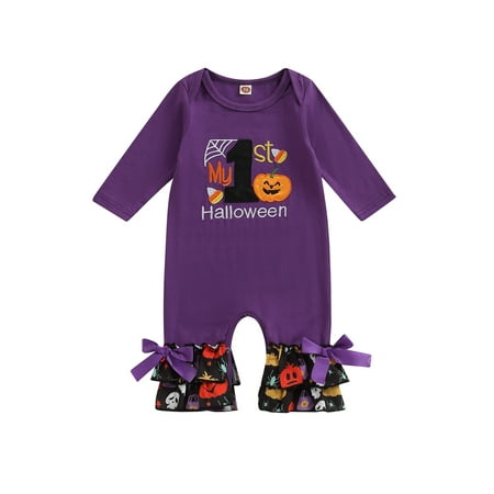 

ZIYIXIN Newborn Baby Girl My 1st Halloween Outfit Pumpkin Long Sleeve Romper Bodysuit Flared Pants Jumpsuit One Peice Clothes Purple 0-6 Months