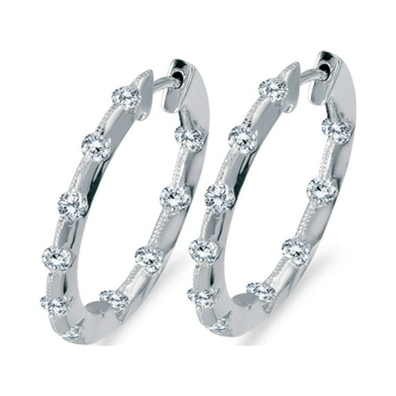 14k White Gold 1.00 Ct Diamond Inside Outside Hoop Earrings