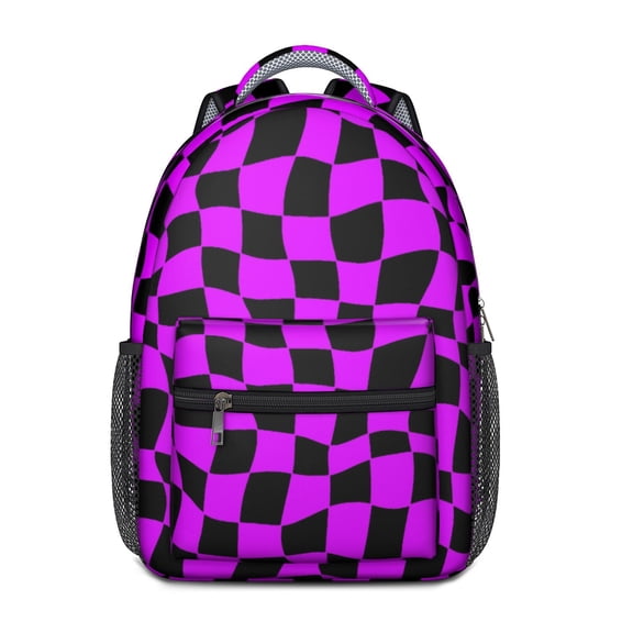 Purple and Black Wavy Checkered Backpack for School, Cute School Bag with Adjustable Shoulder Straps and Padded Back, 15.3"x11"x6.7"