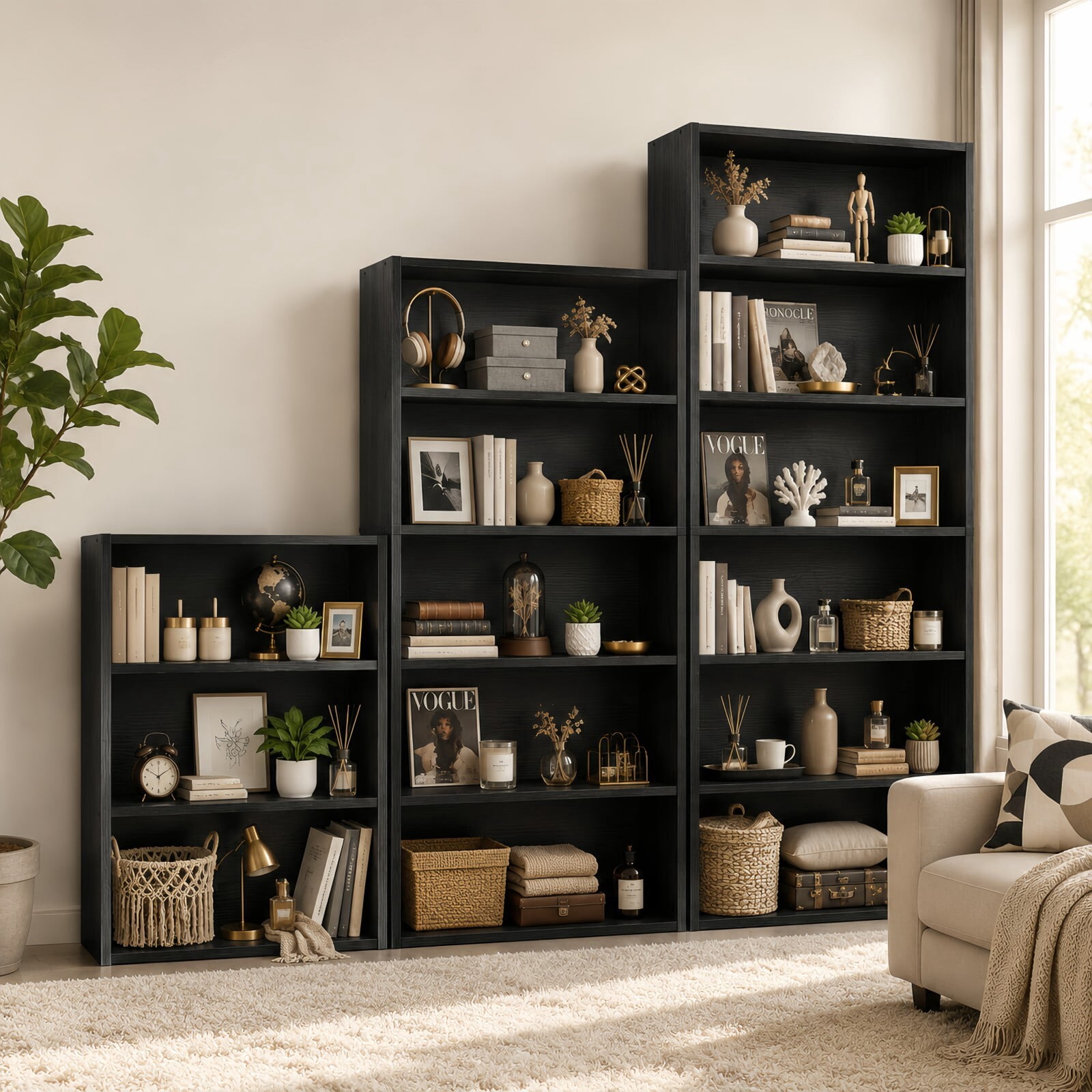 Kelno 3 Tier Vintage Bookshelf 31.5" Freestanding Wood Bookcase with Adjustable Shelf Anti-Tip Kit, Black
