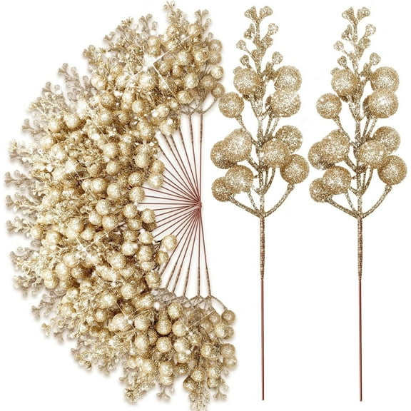 20Pcs Christmas Tree Ornaments,9.06In Ball Picks Faux Decorative,Artificial Glitter Berries Stems for Christmas Tree Ornaments,DIY Xmas Wreath(Champagne)