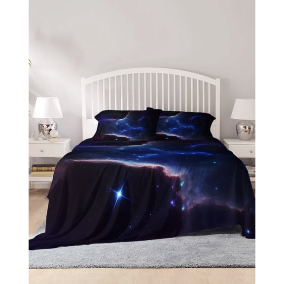 4 Piece Full Sheet Set Navy Blue Sky Sheets Set for Full Size Bed, Breathable Soft Microfiber Bed Sheets Cooling Modern Art Stars Fitted Sheet Deep Pocket, Pillowcases
