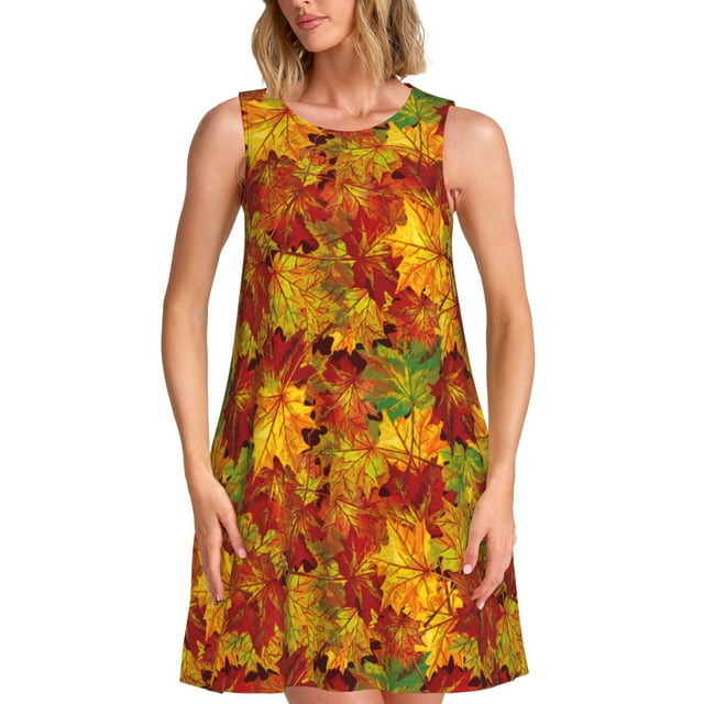Fotbe Vintage maple leaf autumn Vestido de Verano sin Mangas para Mujer – Vestido Midi Línea A, Estilo Camiseta Floral, Vestido Playero Casual y Fluido