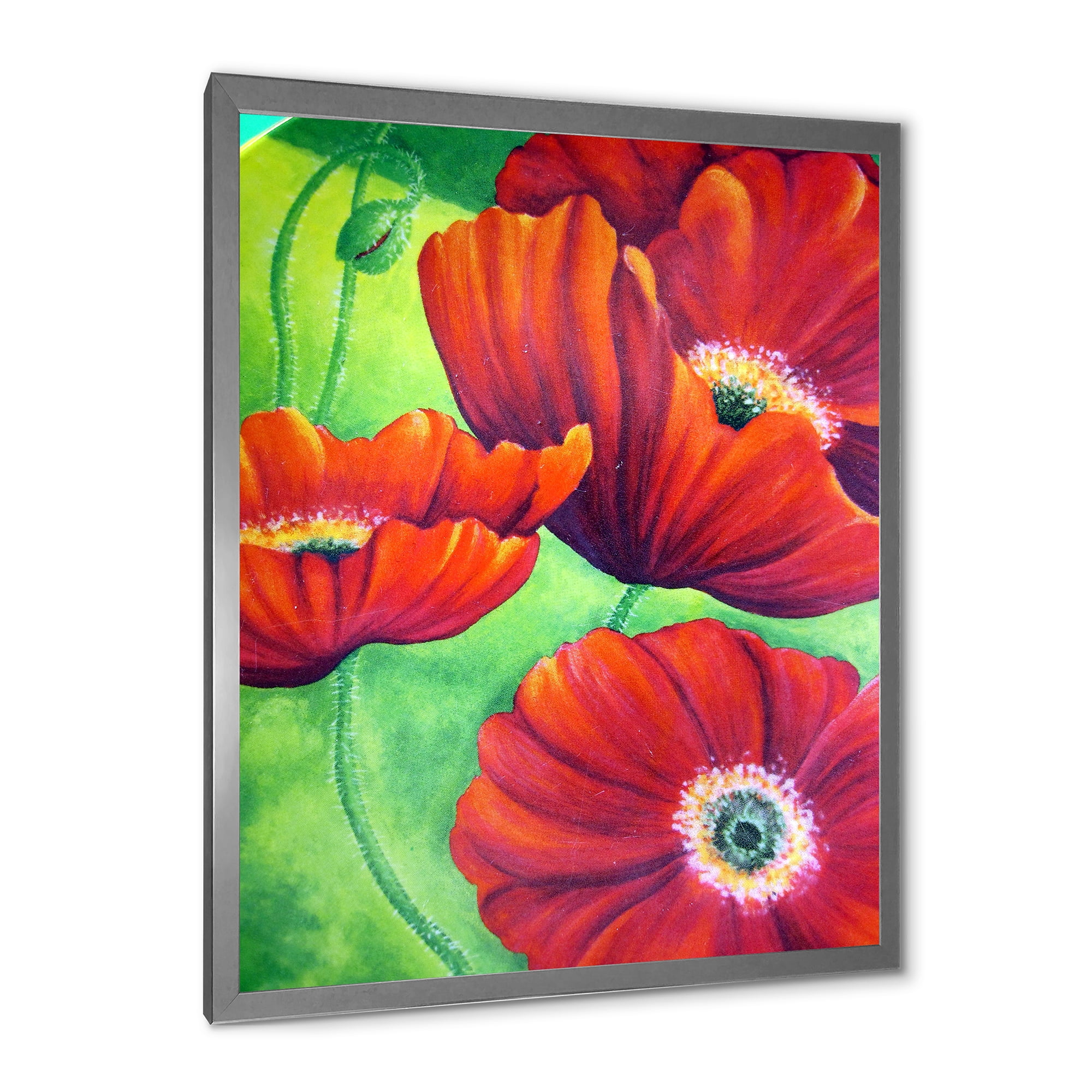 Designart 'Red Blossoming Poppies Over Wild Green V' Traditional Framed Art Print