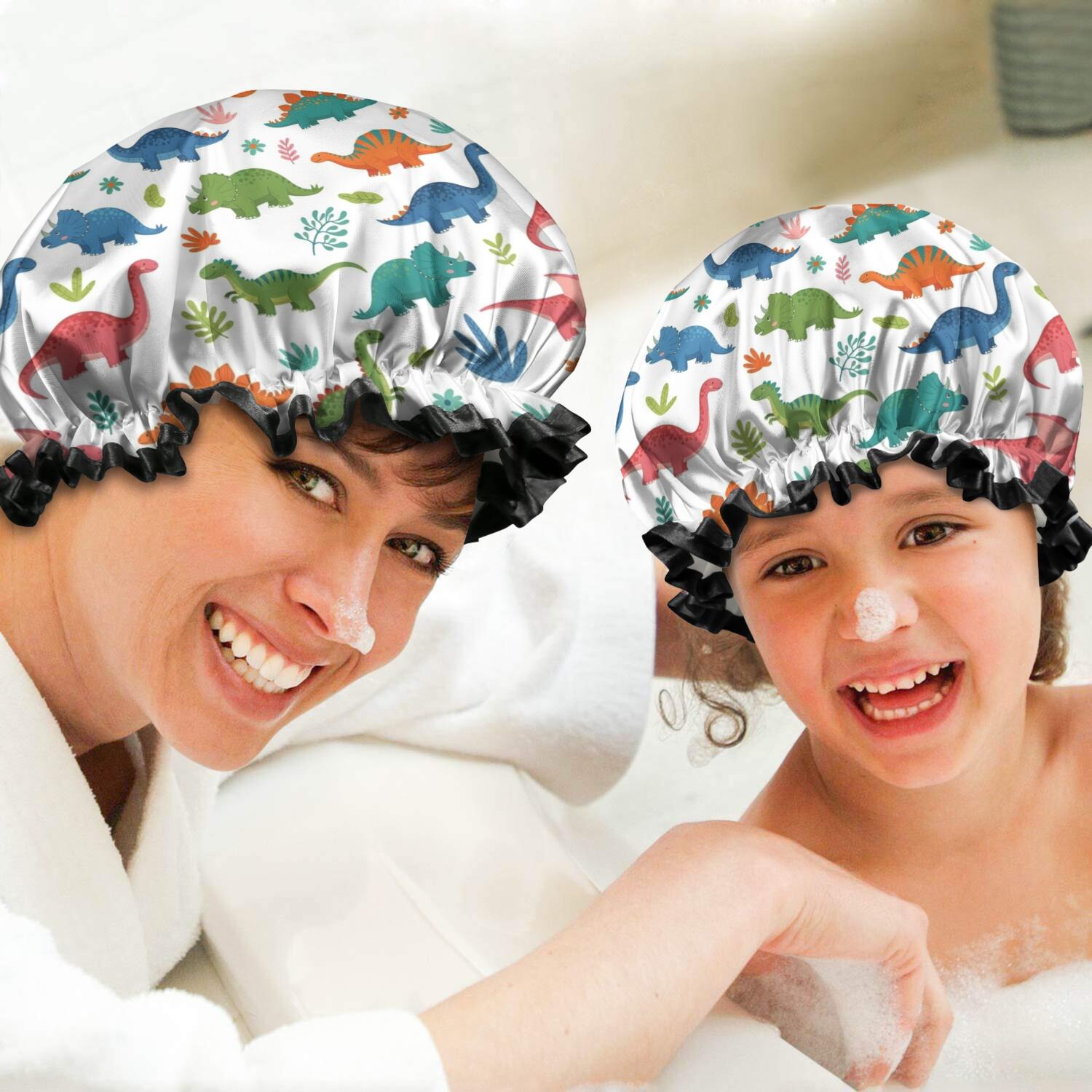 Shower Caps,White Colorful Dinosaur Plant Pattern Waterproof Shower Cap for Women 4 Pieces,Double Reusable Hair Cover for Shower PEVA Elastic Stretch Hem