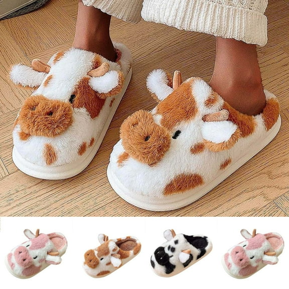 Bovxnpu Women's Warm Fuzzy Slippers Winter House Shoes, Unisex Fall And Winter Cow Trend Thick-Soled Sandals Comfy Soft Lightweight Indoor House Shoes