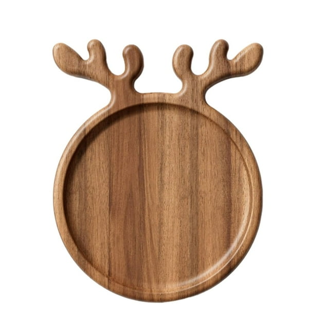 Bandeja de madera para servir con asas de astas, diseño de reno navideño, organizador de platos de madera decorativo, bandeja para comida, aperitivos y frutas.
