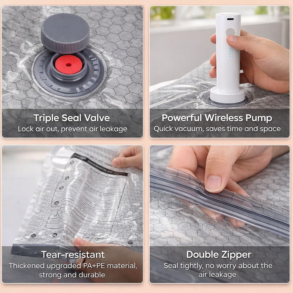 Vacuum Storage Bag Set with Electric Pump, for Travel Luggage Clothing, Space Saving Compression Bags, Multiple Sizes