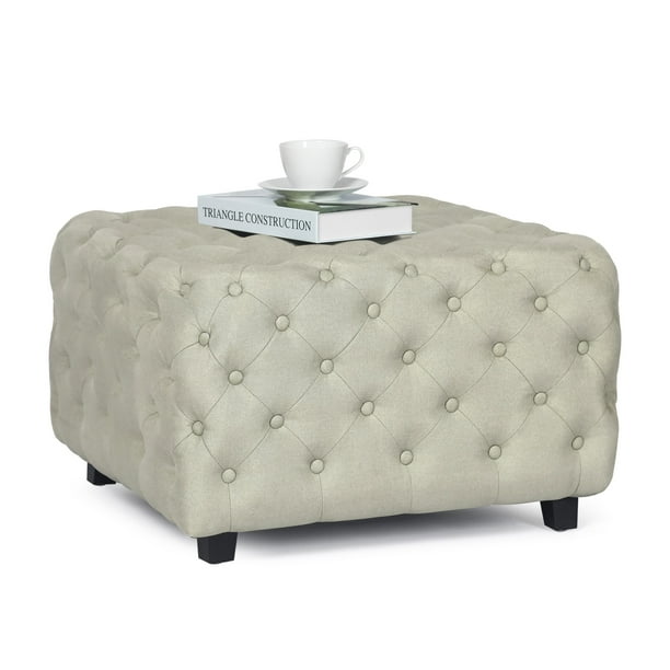 24KF Upholstered Square Ottoman Coffee Table – Tufted Linen Seat, Black Metal Frame, Dark Gray, 33x33x18 Inches