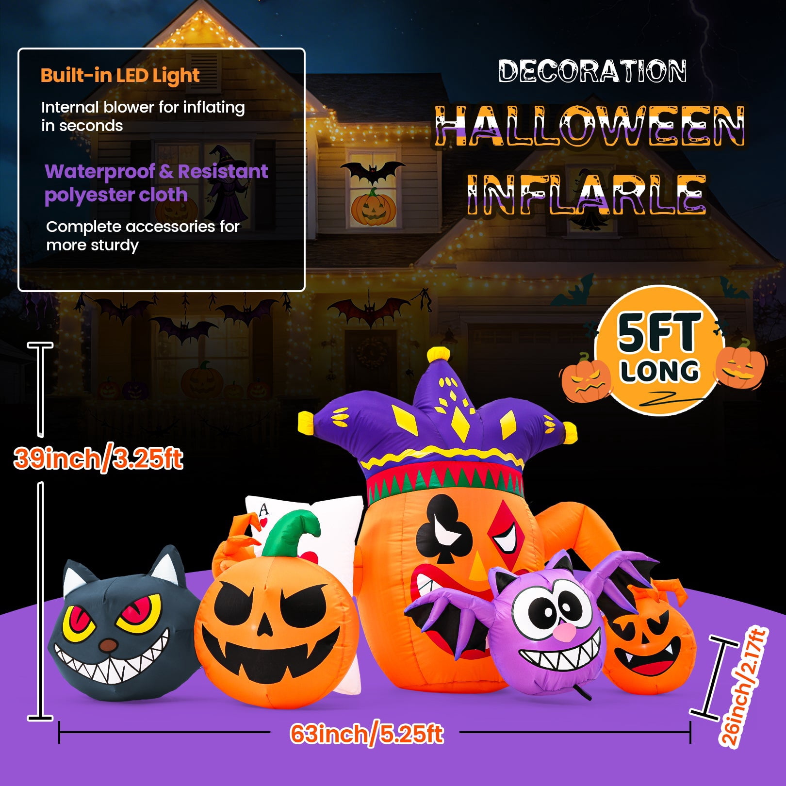Funcid 5.3FT Halloween Inflatables Outdoor Decorations - 5 Character Blow Up Yard Decor with Color-Changing Cat & Cross-Lighting
