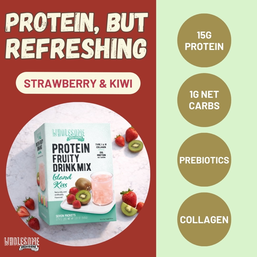 Protein Fruit Drink Mix, 15g Protein, Low Sugar, Collagen + Prebiotics, No Artificial Colors or Dyes, Refreshing by Wholesome Provisions(Pack of 5 Strawberry Kiwi)