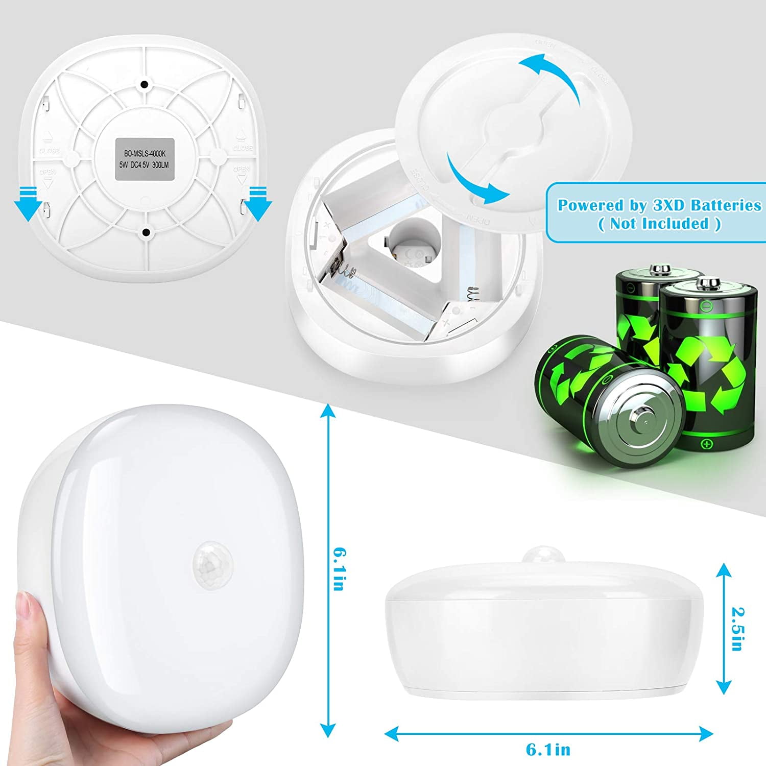 Battery Powered Motion Sensor Ceiling Light, 300 Lumens 5W for Indoor /Outdoor, Closet, Pantry, Stair, Garage, Basement, Shower