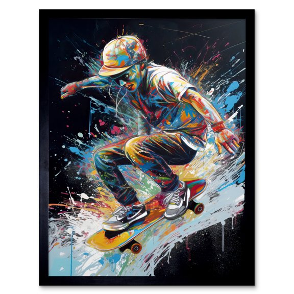 Skateboarder Skating Multicoloured Splat Paint Art Print Framed Poster Wall Decor 12x16 inch