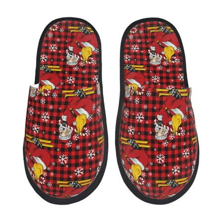 Balery Vintage Santa Skiing Red Plaid Slient Indoor Furry Fleece Comfort House Shoes Soft Non-Slip Home Shoes Cotton slippers House Slippers-- Medium
