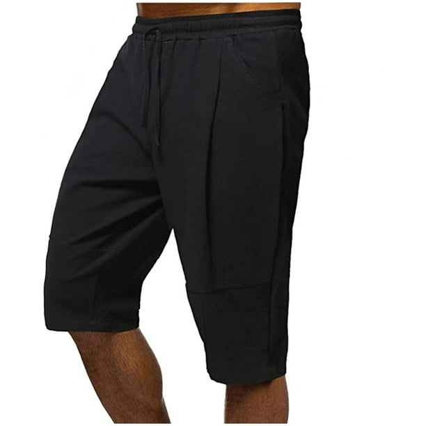Mens Cotton Linen Shorts Elastic Waist Drawstring Straight Leg Shorts Solid  Color Casual Lounge Shorts with Pockets 