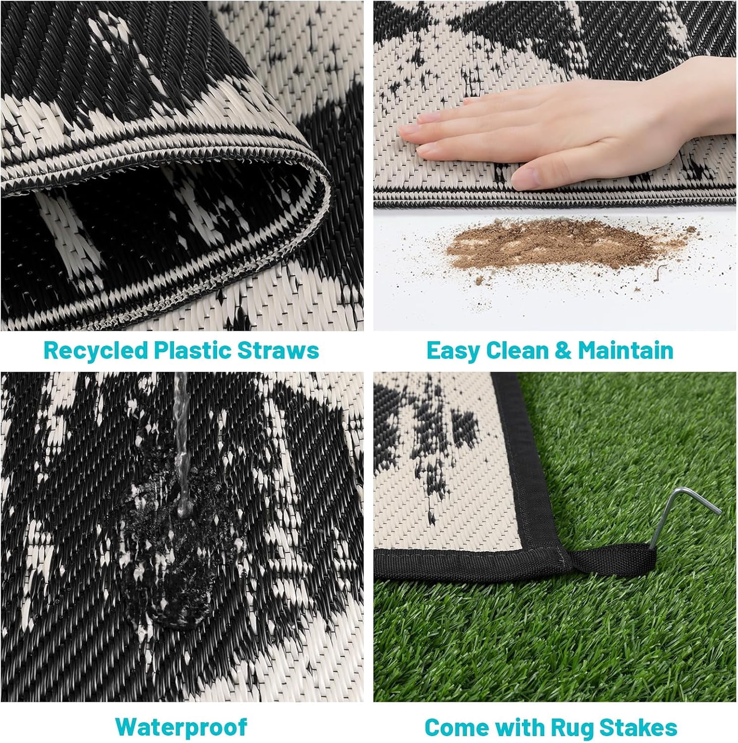 Findosom Outdoor Rug Waterproof 6'x9' Patio Rugs Foldable Reversible Camping Mat for RV,Deck,Porch,icnic,Beach,Balcony,Black & White