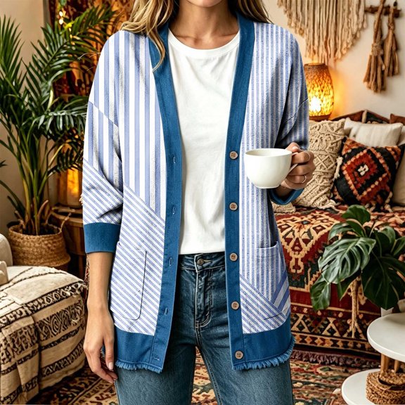 Women Vintage Stripe Printed Denim Patchwork Cardigan Jacket Button‑Front Open Coat with Pockets, Long Sleeve Casual Fall Winter Outerwear for Ladies S-3XL Light Blue-D