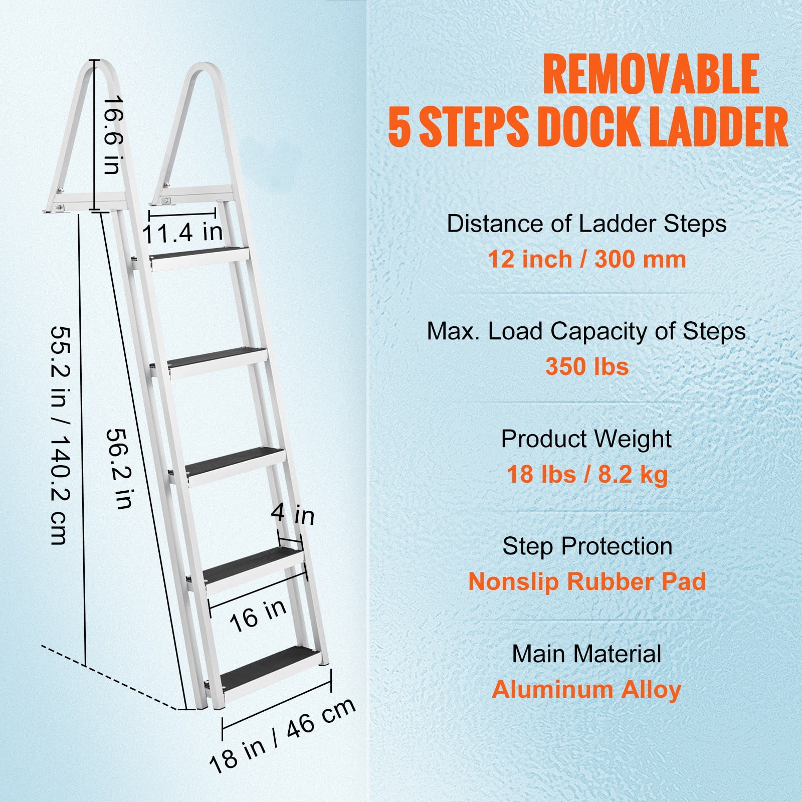 VEVOR Aluminum Dock Ladder Boat Dock Ladder Removable 5 Steps with 350lbs Load
