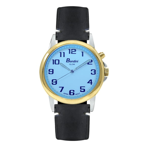 Bandini Mens Glow Watch - Minimal Stitch Leather Band - 38mm Analog Men's Easy to Read Wrist Watch with Light, Light Up Watches, Quartz, White Dial, Big Numbers, Glow in Dark Hands - Two-Tone / Black