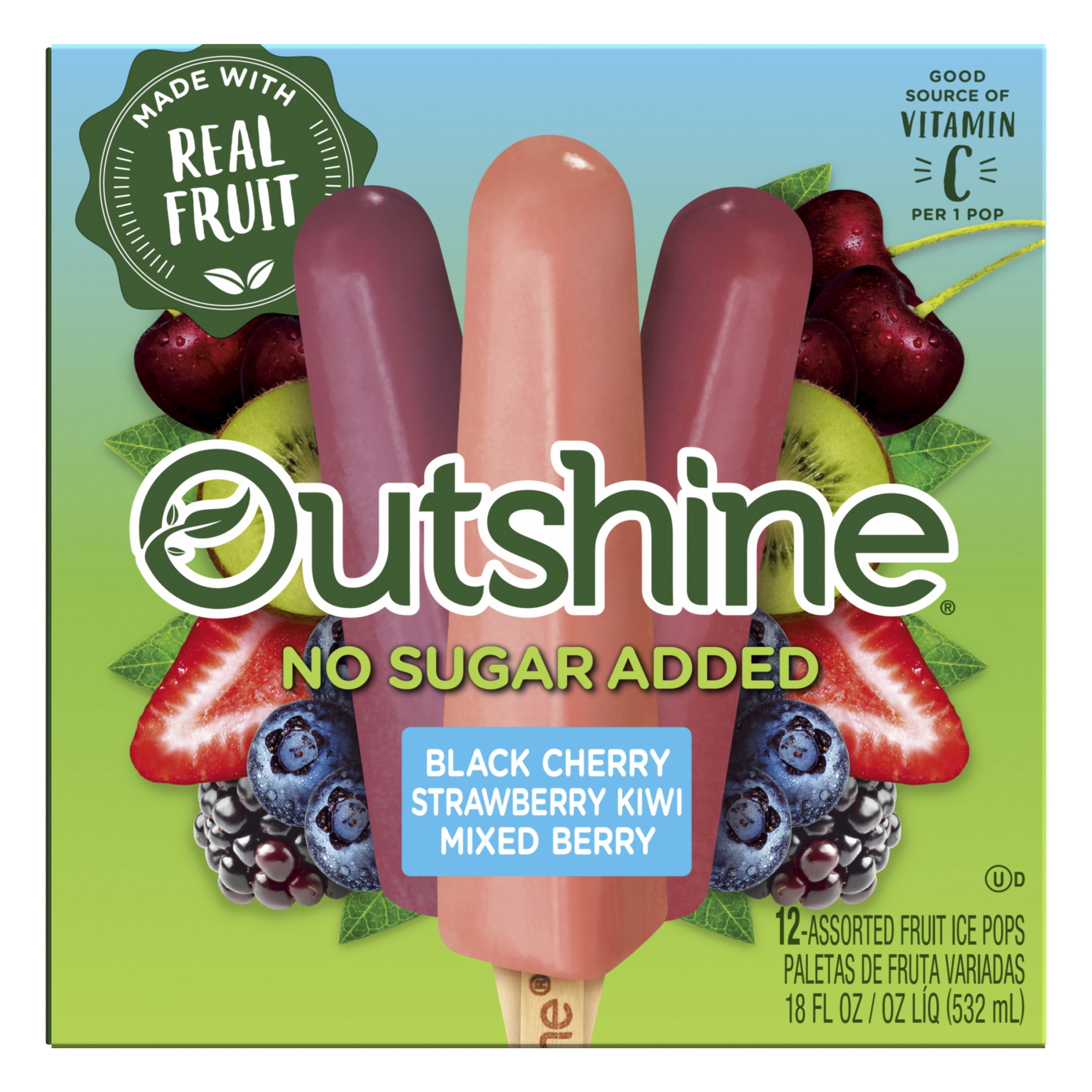 Outshine No Sugar Added Black Cherry, Strawberry Kiwi, and Mixed Berry Frozen Mini Fruit Pops, Variety Pack, 12 Count