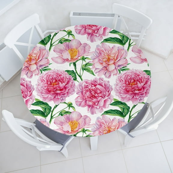 Ambesonne Floral Fitted Round Tablecloth, Camellias and Peonies Art, 40"- 44" Diameter, Pink White and Green