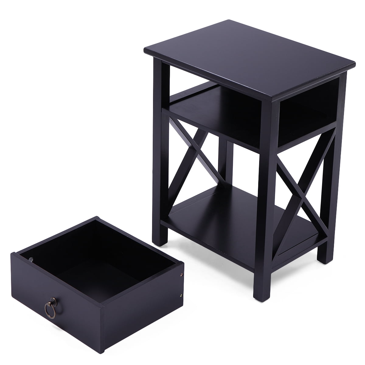 Kepooman Wooden X-Design Modern Side End Table Storage Shelf with Bin Drawer, (2, Black) Kepooman Wooden X-Design Modern Side End Table Storage Shelf with Bin Drawer, (2, Black)