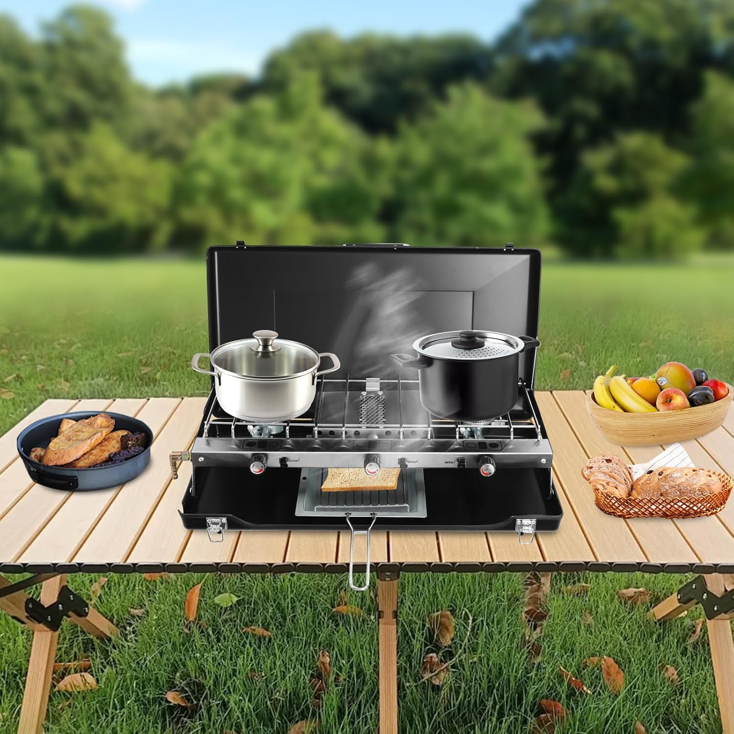 Gas Camping Stove, Portable Cooking Stove, 3-Burner Camping Stove with Griddle, Regulator, Toast Tray, Windshield for Car Camping BBQ