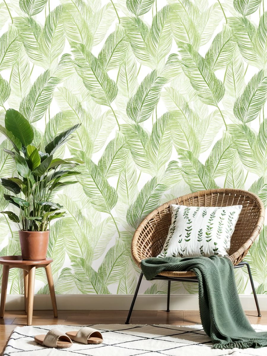 Sage Green Peel and Stick Wallpaper Tropical Green Leaf Delicate Line Wall Mural 23.6in x 9.8ft Self Adhesive Removable Wall Paper Renter Friendly Wallpaper for Girls Bedroom