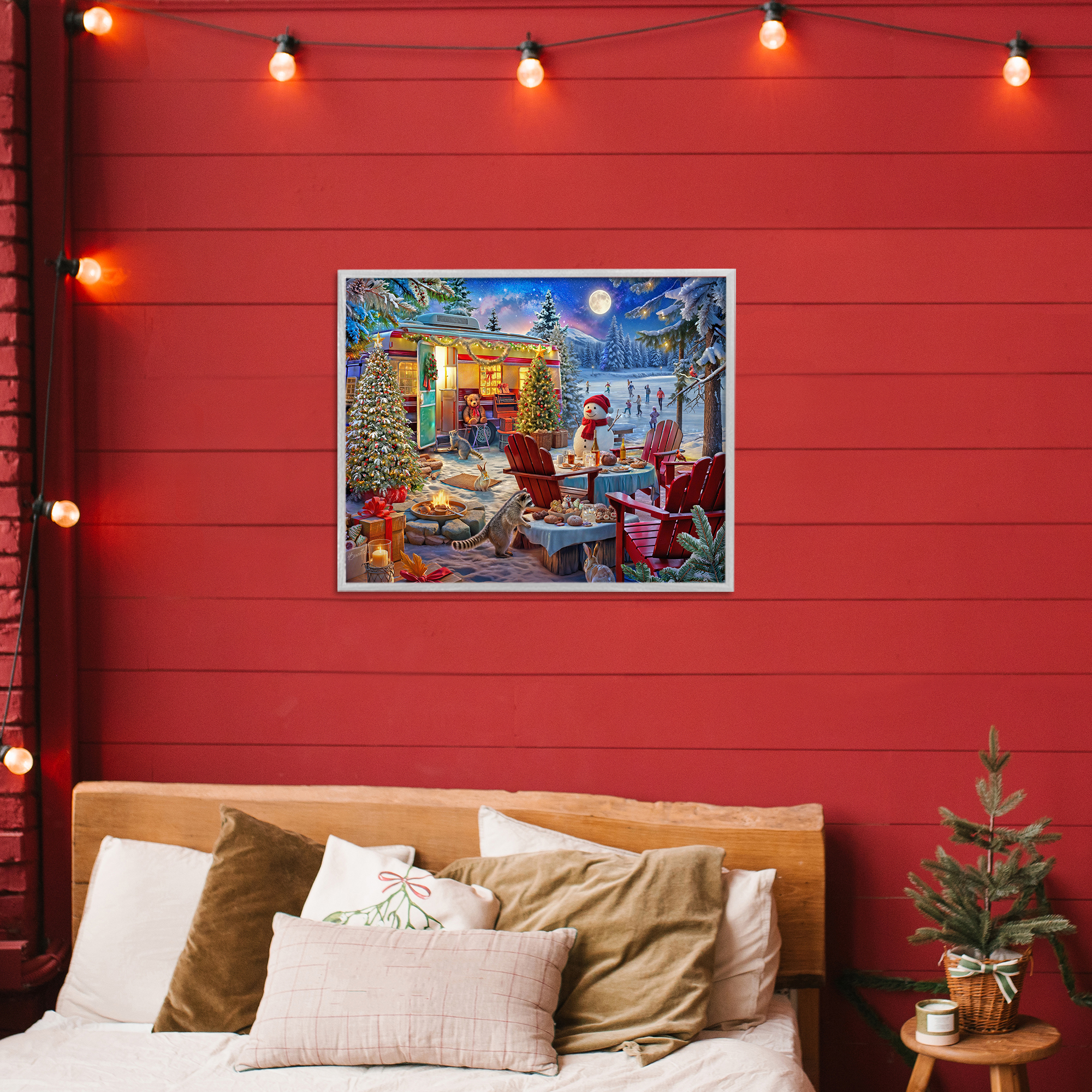 Winter Holiday Camper Party Gray Framed Giclee Art, design by Henriette Chinaglia
