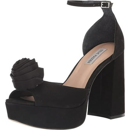Steve Madden Luminesce Black Nubuck Ankle Strap Peep Toe Block Heeled Sandals (Black Nubuck, 8)