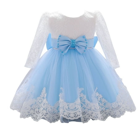 

One opening Girl’s Long Sleeve Hollow Lace Mesh Yarn Stitching Princess Dress
