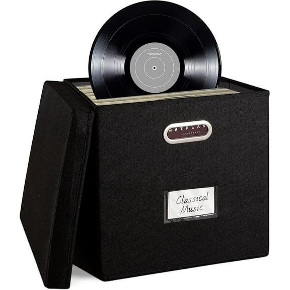 Bevtee Vinyl Record Storage Box, Fabric Storage Boxes with Lids,Holds up 50 Record, for Moving, Office, Home Organizer, 13"x13"x13",Black