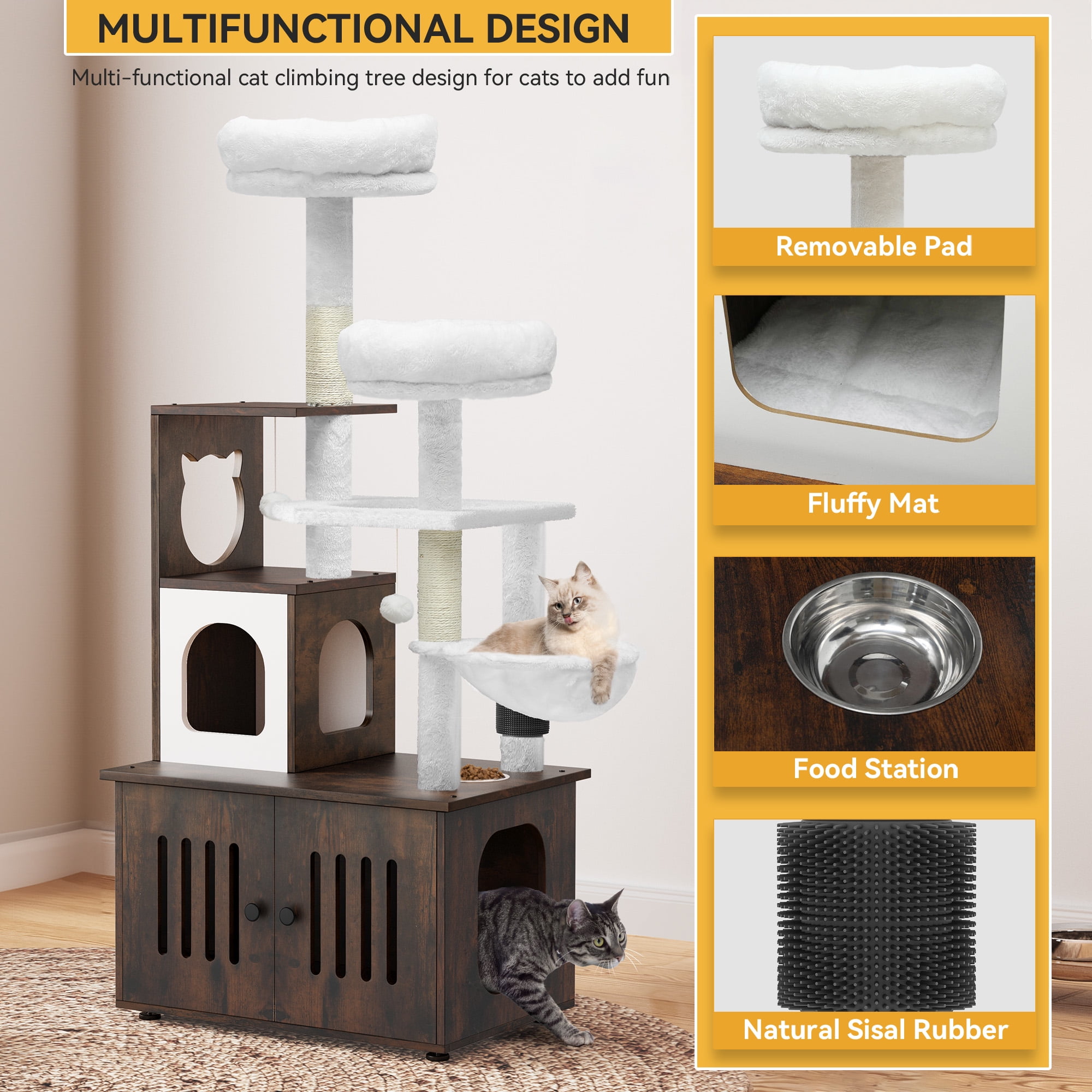 Dextrus 2-in-1 Cat Furniture Condo, 59" Cat Tree Multi-Functional Cat Tower with Litter Box Enclosure, Wood House, Scratching Post, Feeding Station, Hammocks & Brush - Rustic Brown
