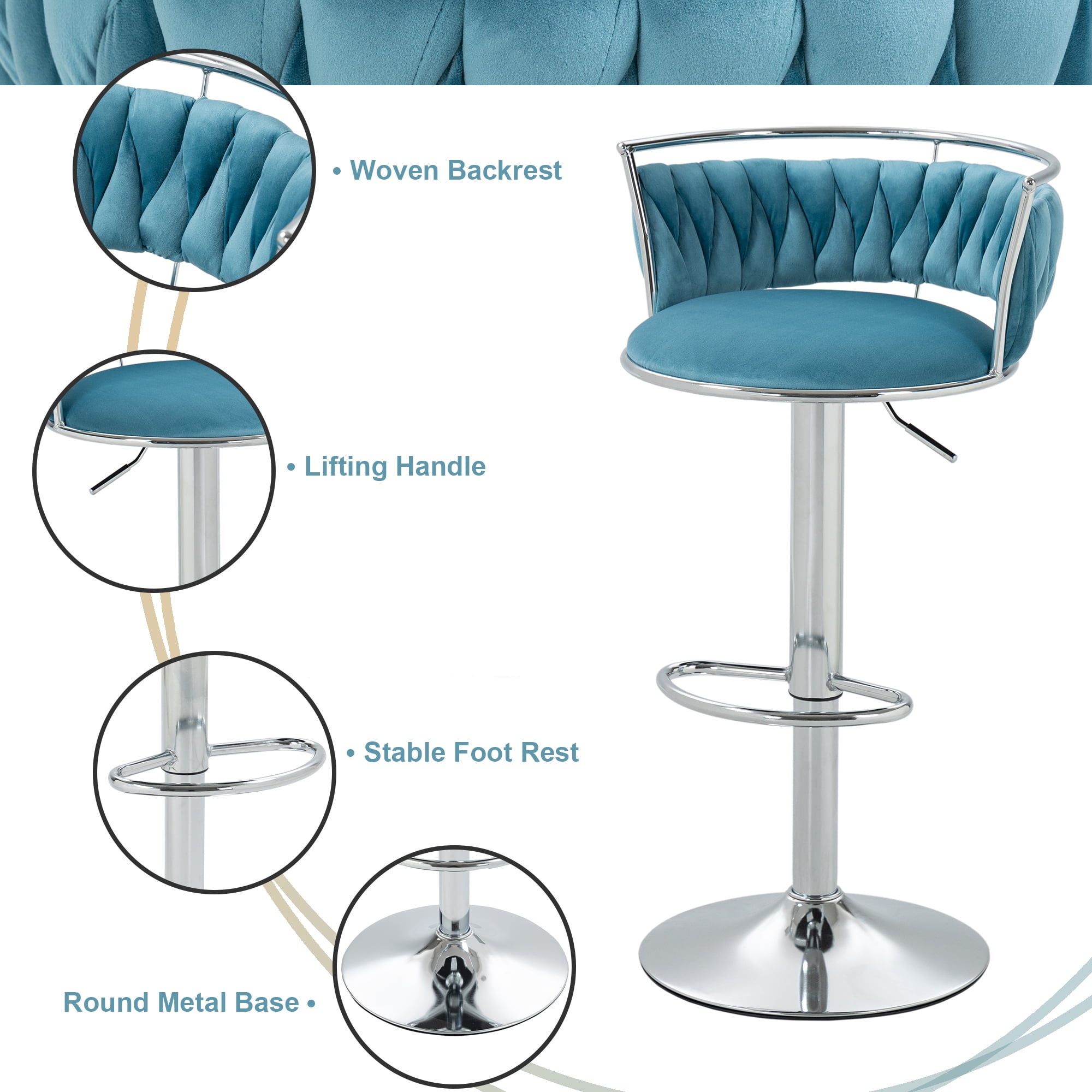 UIXE 360° Swivel Bar Stools Velvet Upholstered Adjustable Bar Chairs Set of 4 Silver Metal Barstool with Back & Footrest for Home and Kitchen, Blue