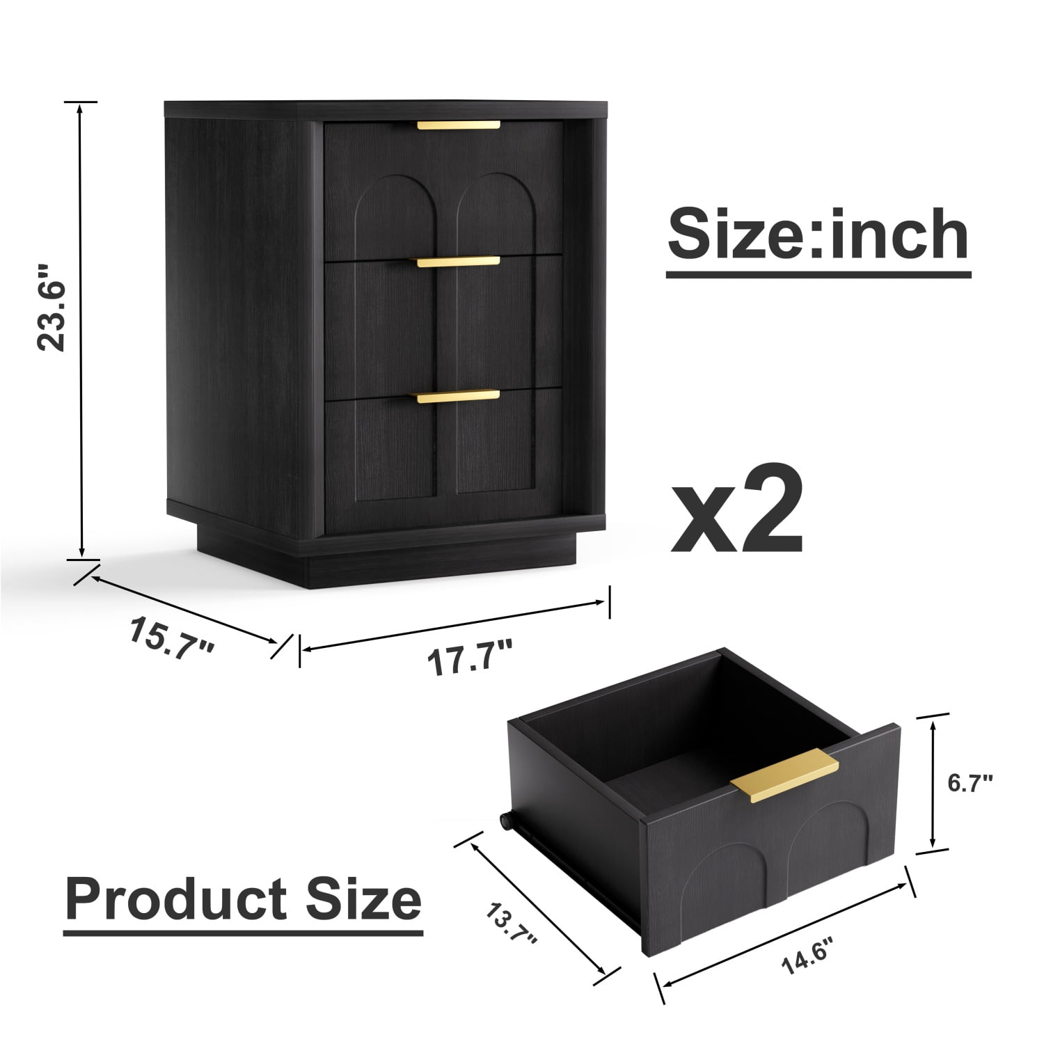 Hommoo 2-Pack Modern Nightstands with Arched Drawer Fronts, 3-Drawer Storage Side Tables with Gold-Tone Metal Handles for Bedroom, Living Room or Office, Black